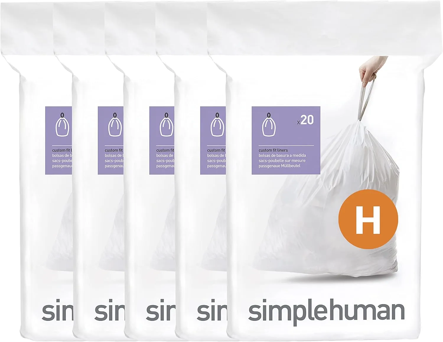 simplehuman Code H 100 Count, Dispenser Pack Custom Fit Liners, Drawstring Trash Bags, 30-35 Liter / 8-9 Gallon