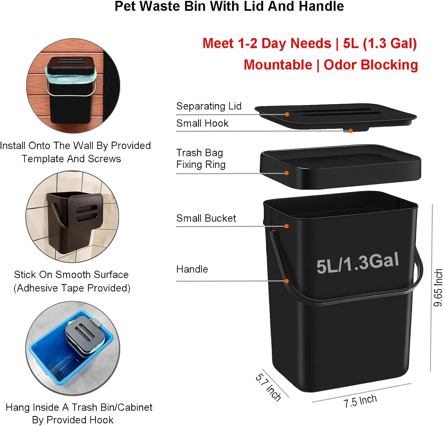 Small Dog Waste Station for Home 1.3Gallon/5L Mountable Doggie Trash Can Outdoor or Indoor Poop Bag Dispenser Wall Mounted 120 Count Pickup Bags 1 Trash Liner Roll (Mini Bucket   Dispenser   Bags)