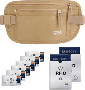 Small Unisex Money Belt For Men and Women, Slim Passport Holder RFID Blocking Travel Essentials Pouch with Adjustable Strap Small Waist Pouch for Workout Running Travelling Hiking, Beige & 8 Sleeves