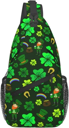 St. Patrick'S Day Green Leprechaun With Clover Crossbody Sling Backpack For Women Men, Fashion Adjustable Lucky Clover Chest Bag Green Shoulder Bag Sling Bag For Sport Travel Hiking Daypack