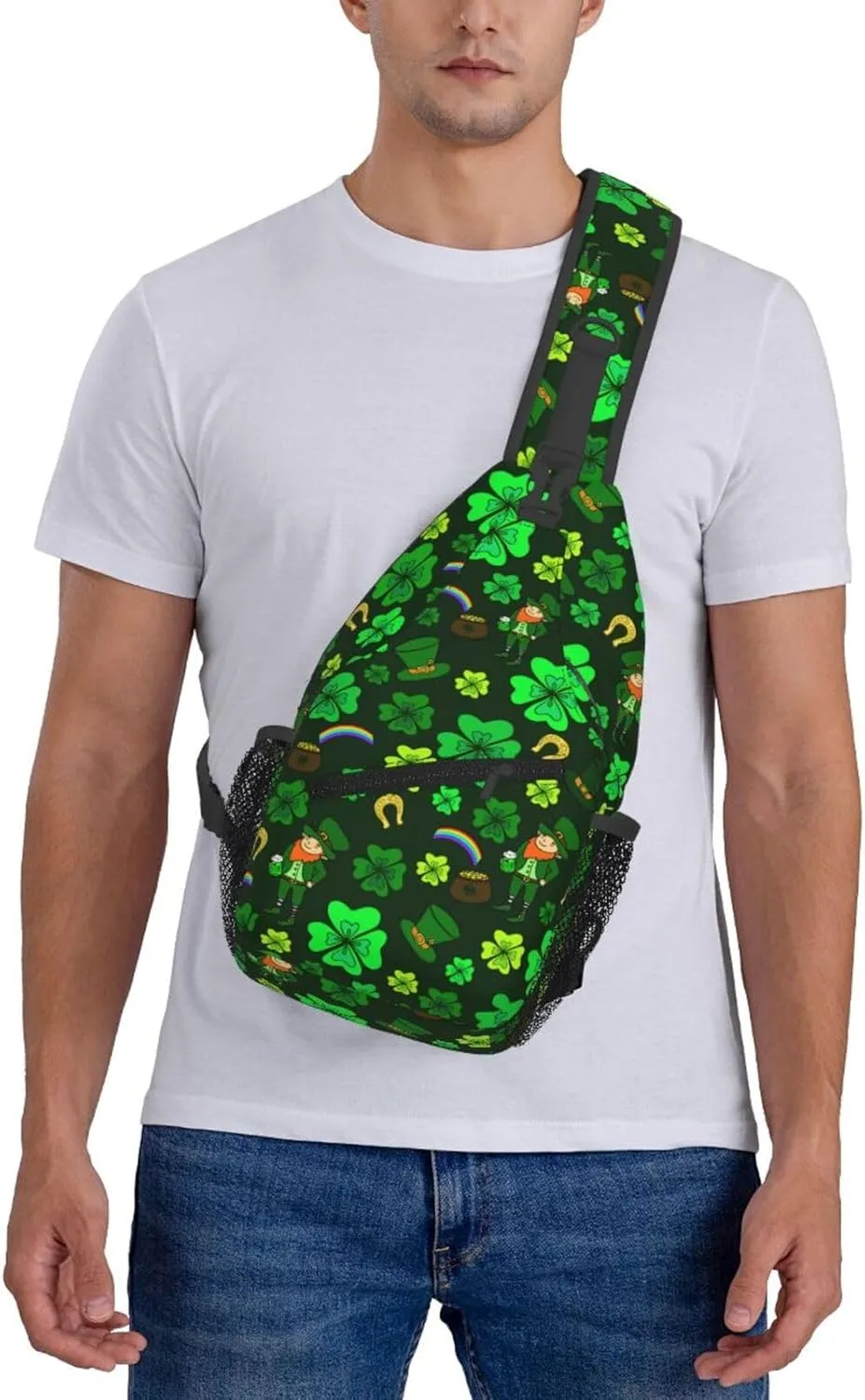 St. Patrick'S Day Green Leprechaun With Clover Crossbody Sling Backpack For Women Men, Fashion Adjustable Lucky Clover Chest Bag Green Shoulder Bag Sling Bag For Sport Travel Hiking Daypack