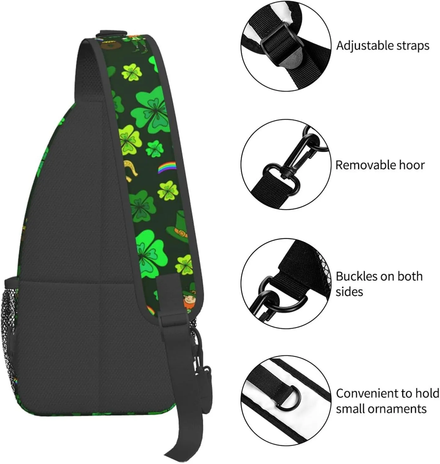 St. Patrick'S Day Green Leprechaun With Clover Crossbody Sling Backpack For Women Men, Fashion Adjustable Lucky Clover Chest Bag Green Shoulder Bag Sling Bag For Sport Travel Hiking Daypack