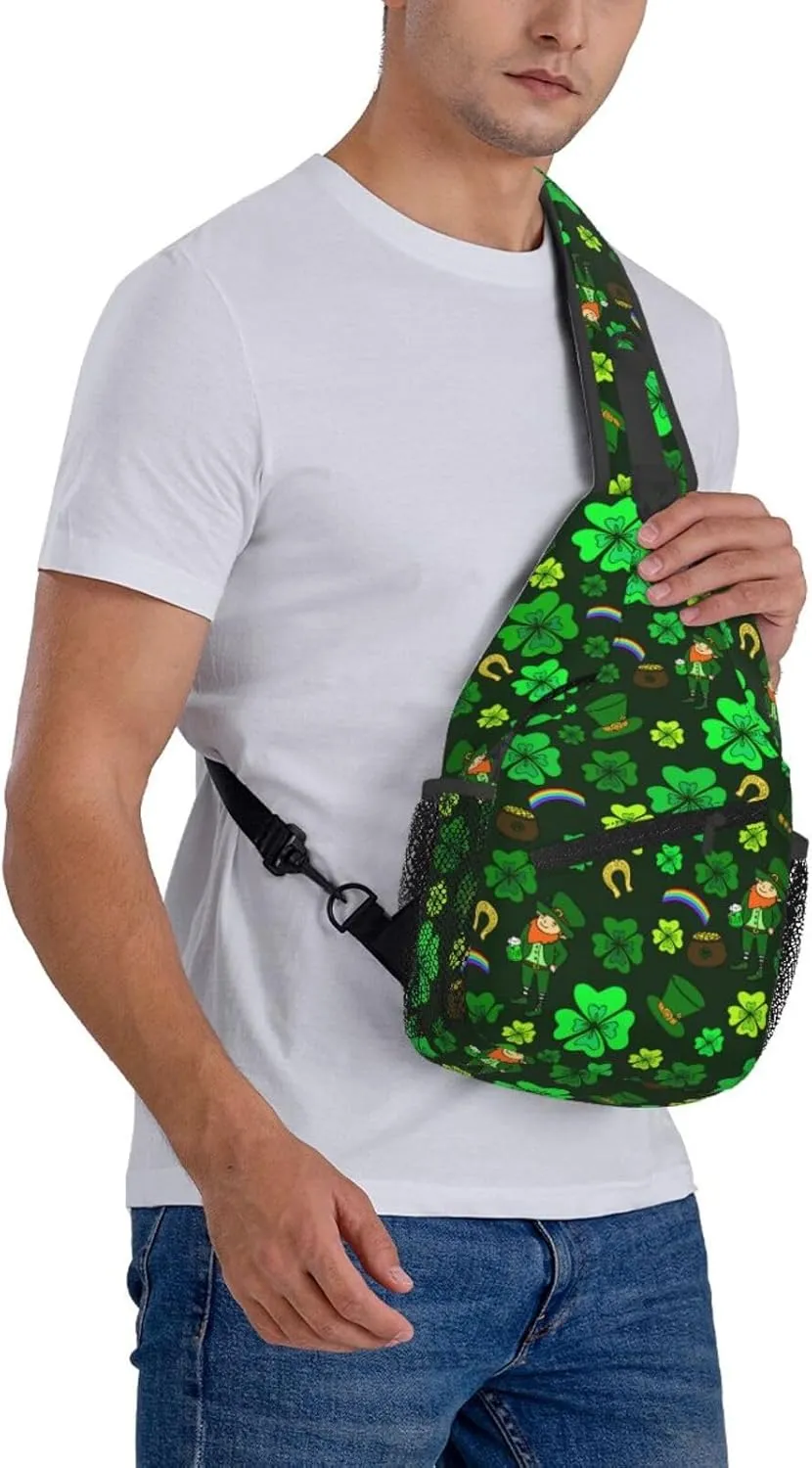 St. Patrick'S Day Green Leprechaun With Clover Crossbody Sling Backpack For Women Men, Fashion Adjustable Lucky Clover Chest Bag Green Shoulder Bag Sling Bag For Sport Travel Hiking Daypack