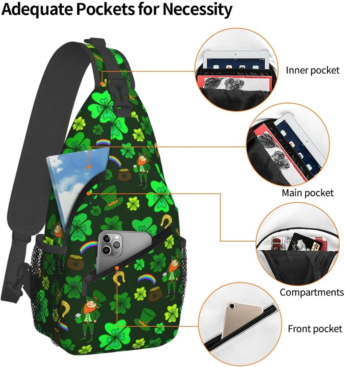 St. Patrick'S Day Green Leprechaun With Clover Crossbody Sling Backpack For Women Men, Fashion Adjustable Lucky Clover Chest Bag Green Shoulder Bag Sling Bag For Sport Travel Hiking Daypack