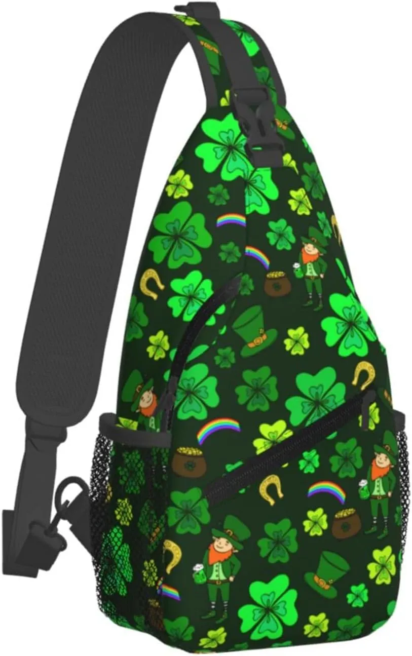 St. Patrick'S Day Green Leprechaun With Clover Crossbody Sling Backpack For Women Men, Fashion Adjustable Lucky Clover Chest Bag Green Shoulder Bag Sling Bag For Sport Travel Hiking Daypack