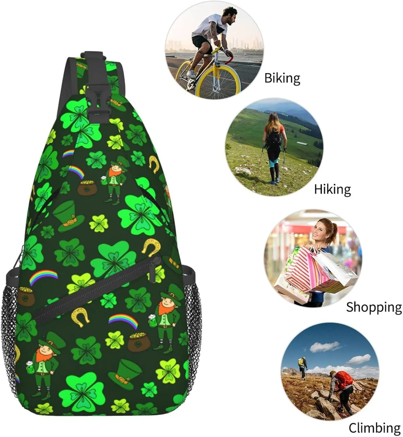 St. Patrick'S Day Green Leprechaun With Clover Crossbody Sling Backpack For Women Men, Fashion Adjustable Lucky Clover Chest Bag Green Shoulder Bag Sling Bag For Sport Travel Hiking Daypack
