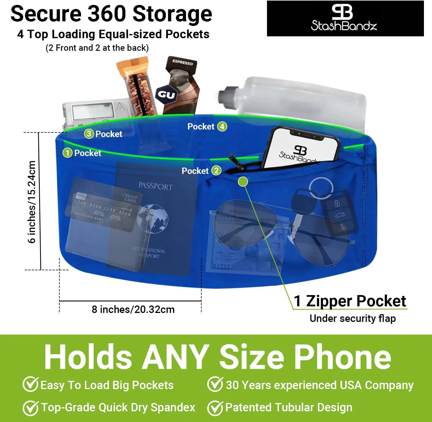 StashBandz Running Belt for Women & Men  Money Belt with 4 Large Secure Pockets (1 Zippered) | Fanny Pack & Phone Holder for Running, Travel, Hiking, and Workouts