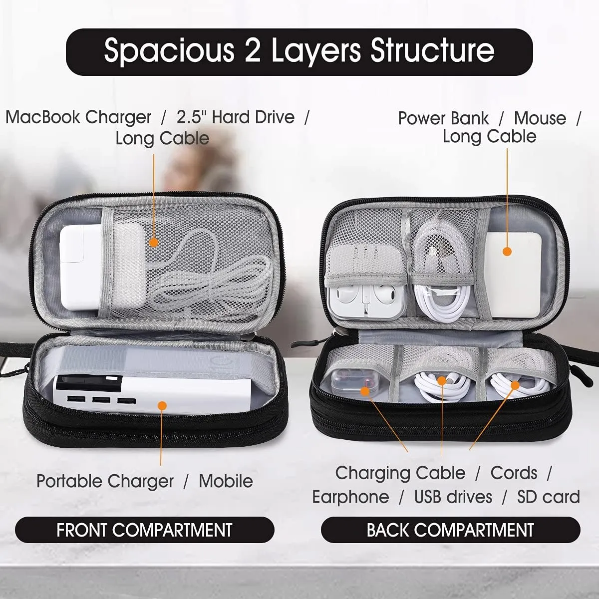 Travel Electronic Organizer Pouch Bag, 3 Compartments Portable Electronic Phone Accessories Storage Multifunctional Case for Cable, Cord, Charger, Hard Drive, Earphone(Black)
