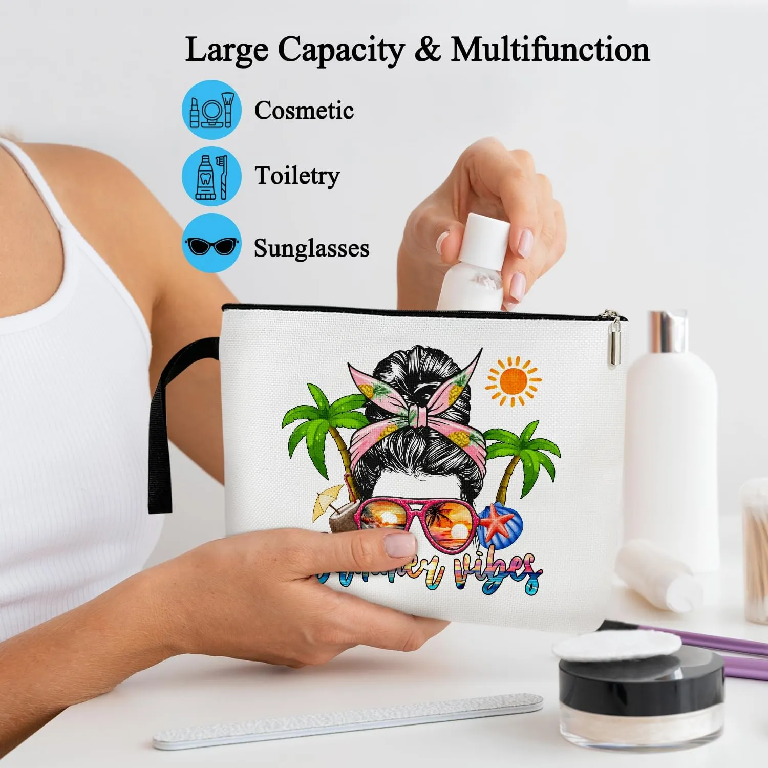 Tropical Beach Makeup Bag for Women, Beach Life Make Up Bag Zipper Cosmetic Travel Toiletry Pouch, Summer Vacation Travel Holiday Gifts for Women, Mom, Sister, Bestie Organizer Purse -12