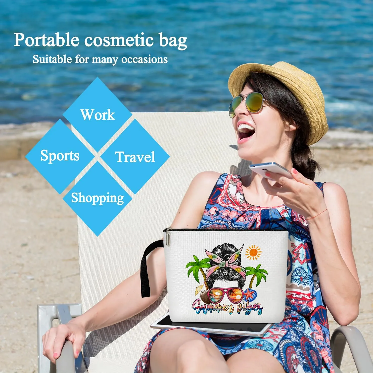 Tropical Beach Makeup Bag for Women, Beach Life Make Up Bag Zipper Cosmetic Travel Toiletry Pouch, Summer Vacation Travel Holiday Gifts for Women, Mom, Sister, Bestie Organizer Purse -12