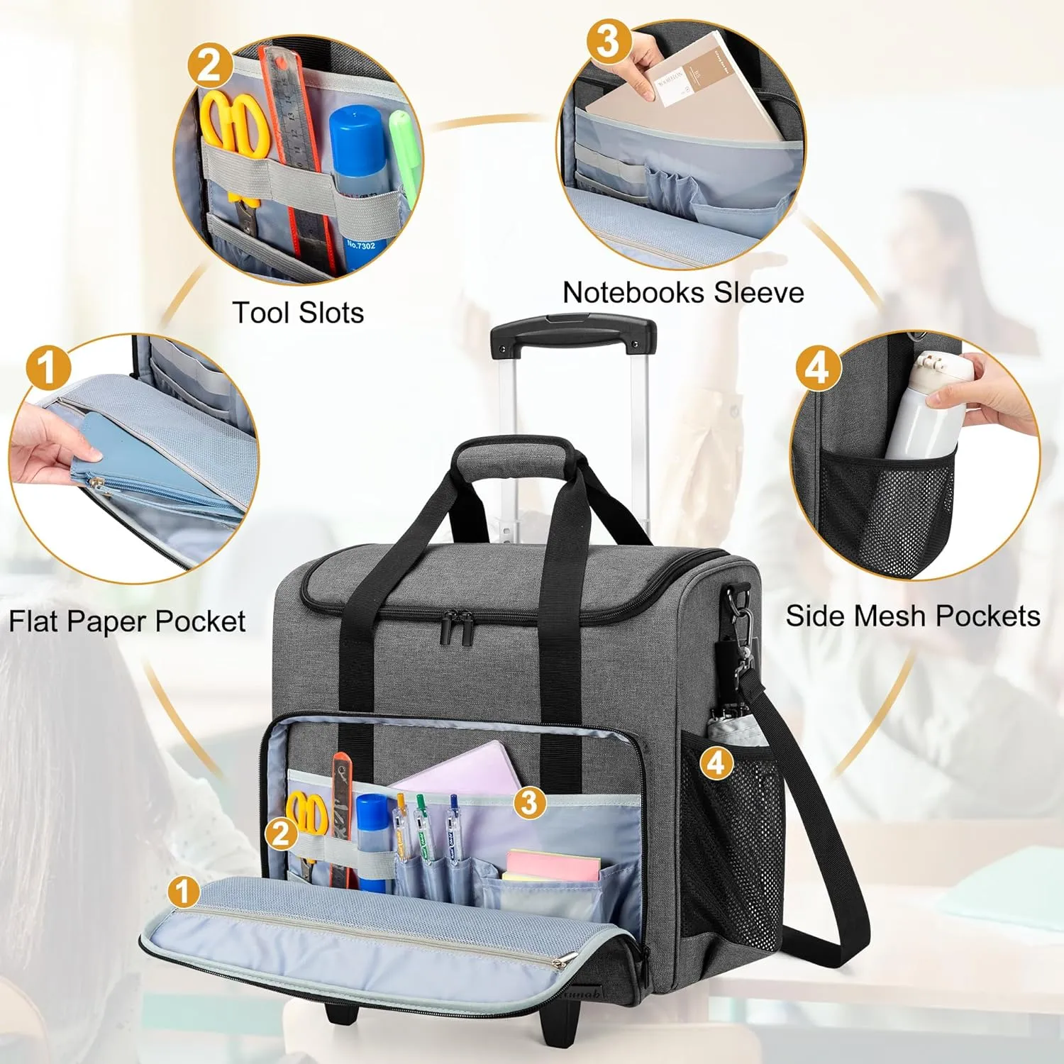 Trunab Rolling Teacher Bag, Teacher Tote Bag with Bottom Pad and Detachable Trolley, Wheeled Teacher Bag with Padded Sleeves Holds up to 15.6 Laptop