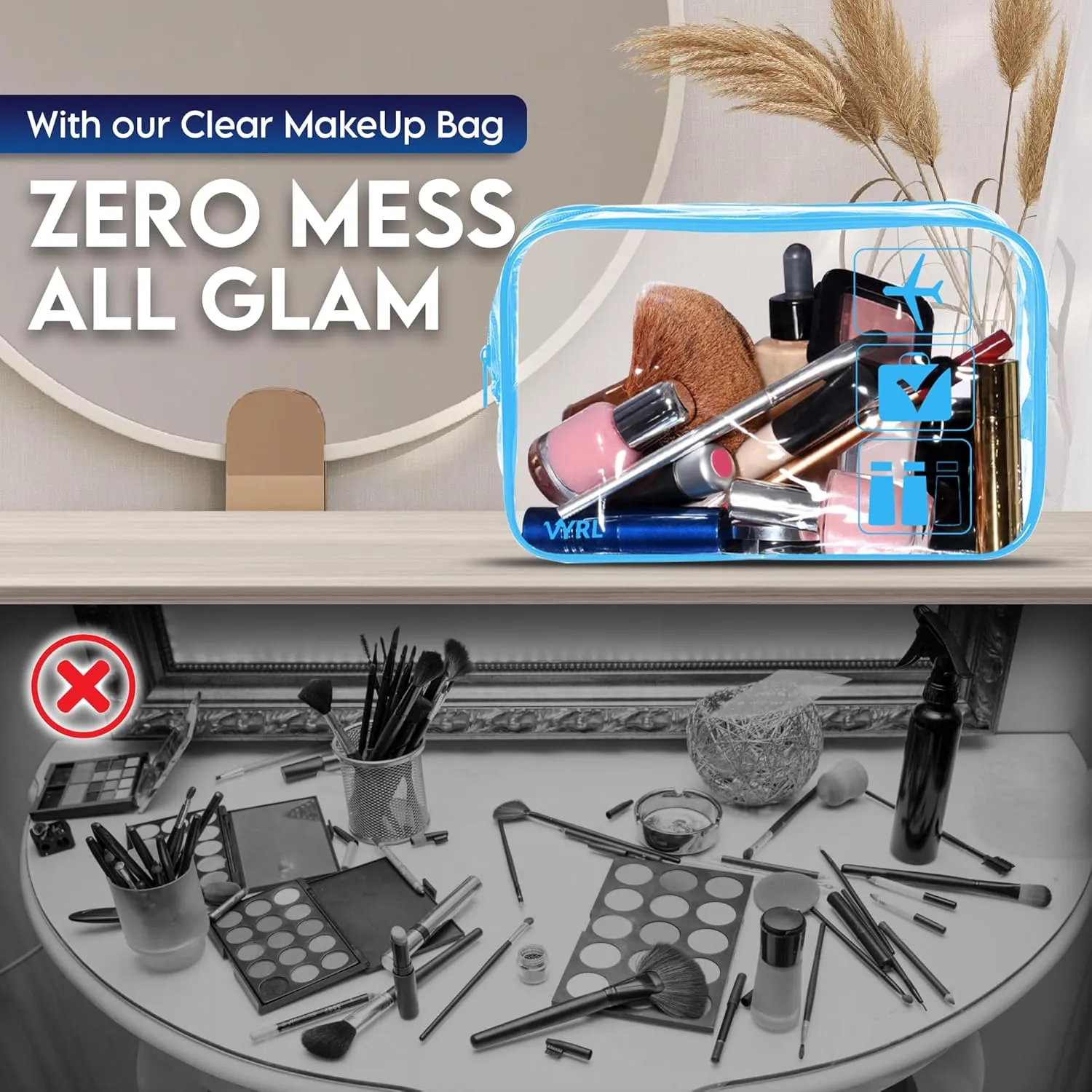 VYRL 2 Pack Clear Makeup Bag - Quart Size 3-1-1 TSA Approved Toiletry Bag with Zipper - Water-Resistant Durable PVC Clear Toiletry Bag for Carry-on Airport Travel Accessories - Blue