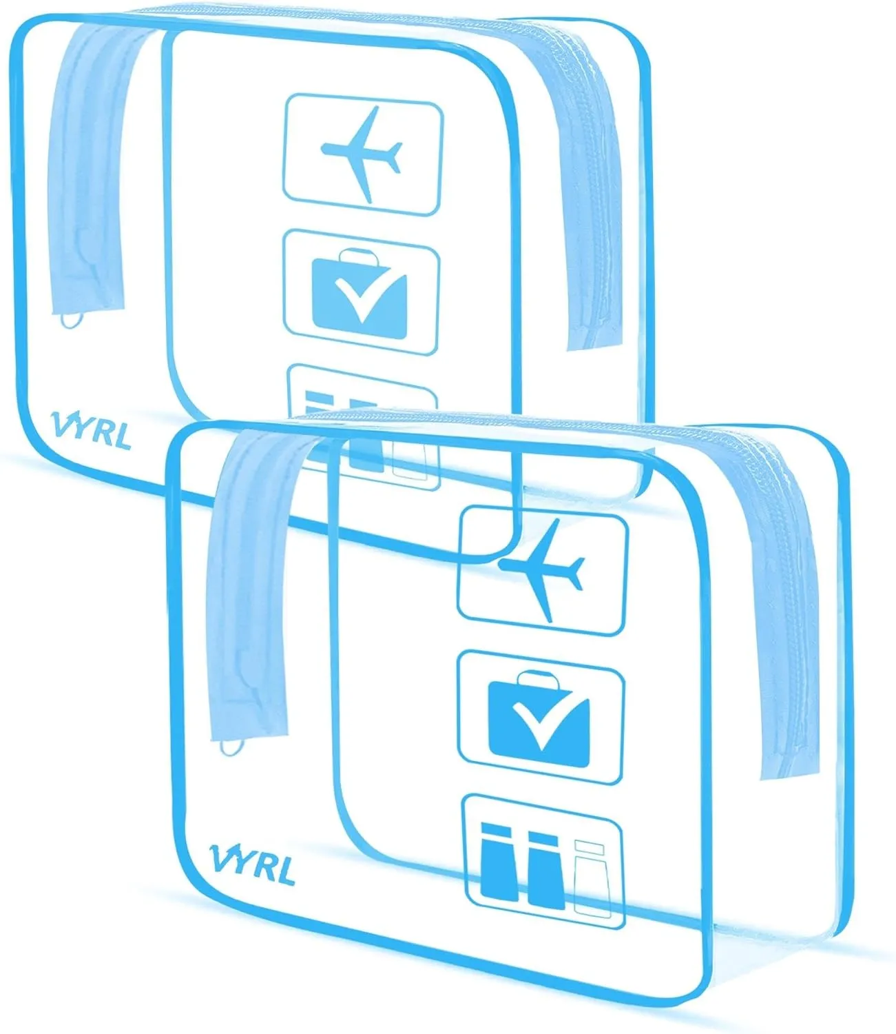 VYRL 2 Pack Clear Makeup Bag - Quart Size 3-1-1 TSA Approved Toiletry Bag with Zipper - Water-Resistant Durable PVC Clear Toiletry Bag for Carry-on Airport Travel Accessories - Blue
