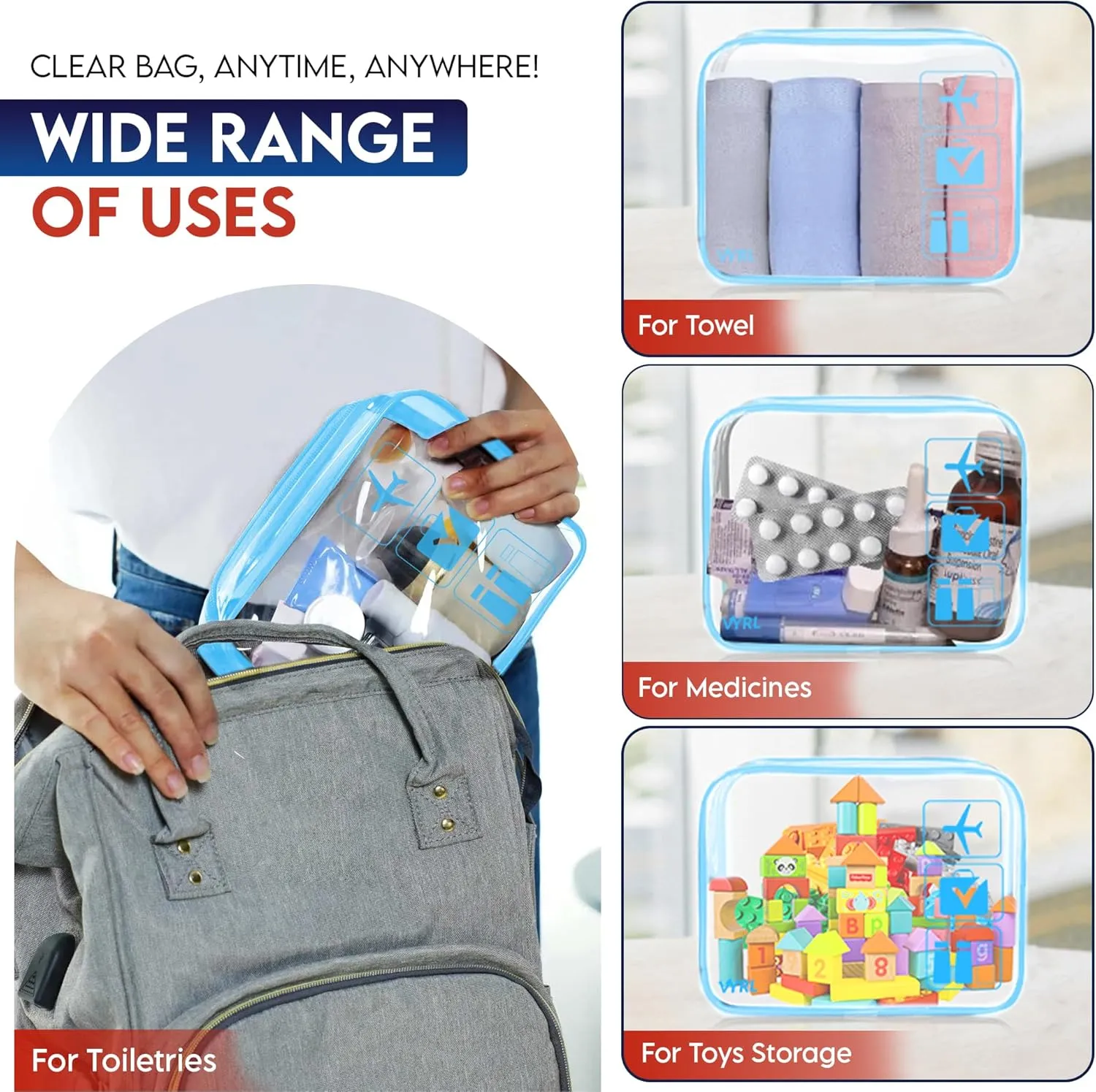 VYRL 2 Pack Clear Makeup Bag - Quart Size 3-1-1 TSA Approved Toiletry Bag with Zipper - Water-Resistant Durable PVC Clear Toiletry Bag for Carry-on Airport Travel Accessories - Blue