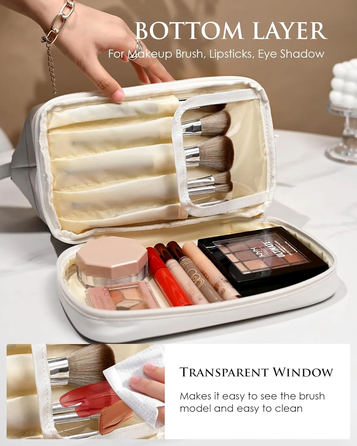 Women Gifts, Initial Large Makeup Bag, Travel Essentials, Personalized Double Layer Cosmetic Bag with Makeup Brush Organizer, Travel Toiletry Bag, Trendy Gifts For Women