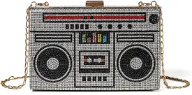 Women Retro Radio Shape Crossbody Bag Rhinestone Metal Vintage Evening Clutch Purses