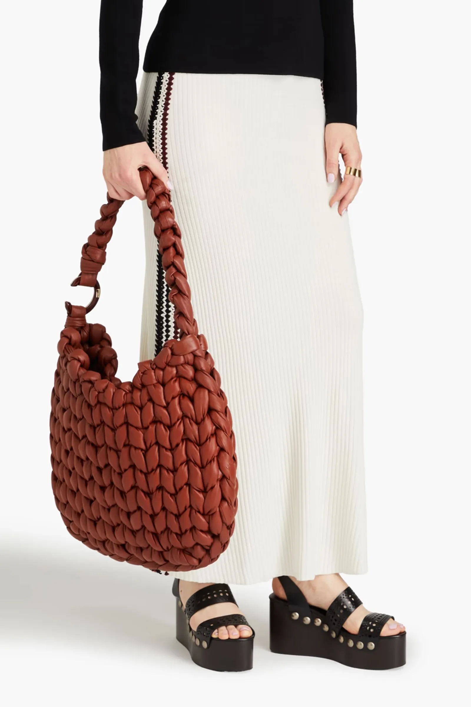 Wooden C Woven Leather Shoulder Bag
