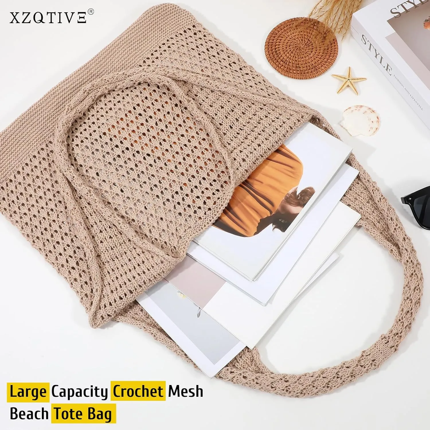 XZQTIVE Crochet Tote Bag for Women Mesh Beach bag for Summer Vacation Aesthetic Hobo Knit Shoulder Bag